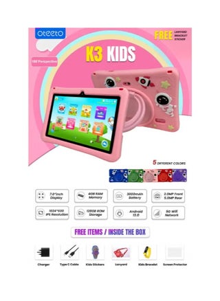 K3 Kids Android Tablet with 7-Inch HD Display | 4GB RAM + 64GB Storage | Preloaded Educational Apps | Parental Control Mode | WiFi + SIM Support | Durable Child-Friendly Design | 3000mAh Battery | Ideal for Learning & Entertainment – The Perfect Companion for Young Explorers - pzsku/Z1FEB8880E749AE1E66B5Z/45/1751550230/f9b3d30d-89fd-4089-8ee7-c595c3804123