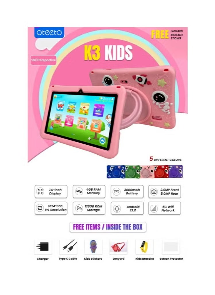 K3 Kids Android Tablet with 7-Inch HD Display | 4GB RAM + 64GB Storage | Preloaded Educational Apps | Parental Control Mode | WiFi + SIM Support | Durable Child-Friendly Design | 3000mAh Battery | Ideal for Learning & Entertainment – The Perfect Companion for Young Explorers