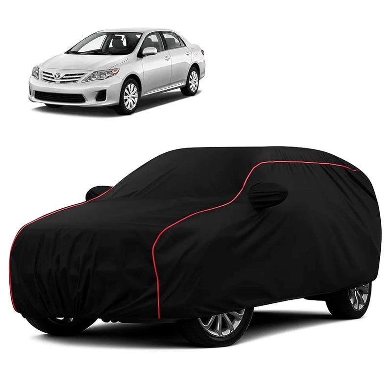 sulfar 100% Water Resistant Car Body Cover Compatible with Mirror for Toyota Corolla (Triple Stitched, Full Bottom Elastic, Black with Red Piping) - Image 1