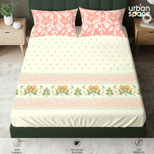 Urban Space Serene 200 TC 100% Cotton Elastic Fitted Bedsheets King Size with 2 Pillow Covers, King Size bedsheet (Ivy Bloom Peach, Size 72 x 78 inches) - Image 5