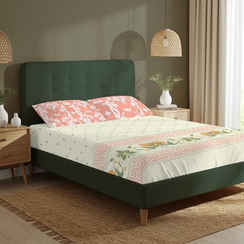 Urban Space Serene 200 TC 100% Cotton Elastic Fitted Bedsheets King Size with 2 Pillow Covers, King Size bedsheet (Ivy Bloom Peach, Size 72 x 78 inches) - Image 1