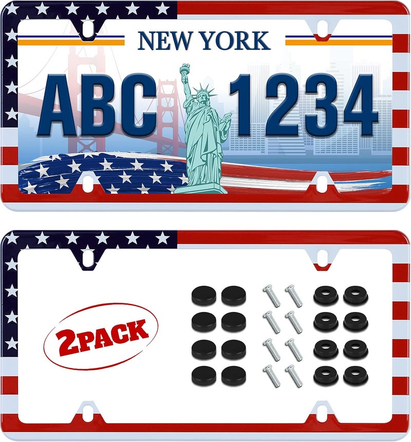 UNINDREM 2pcs Classic American Flag License Plate Frame - Stainless Steel, Rust-Proof, Fits U.S. & Canadian Standard Plates - Image 1