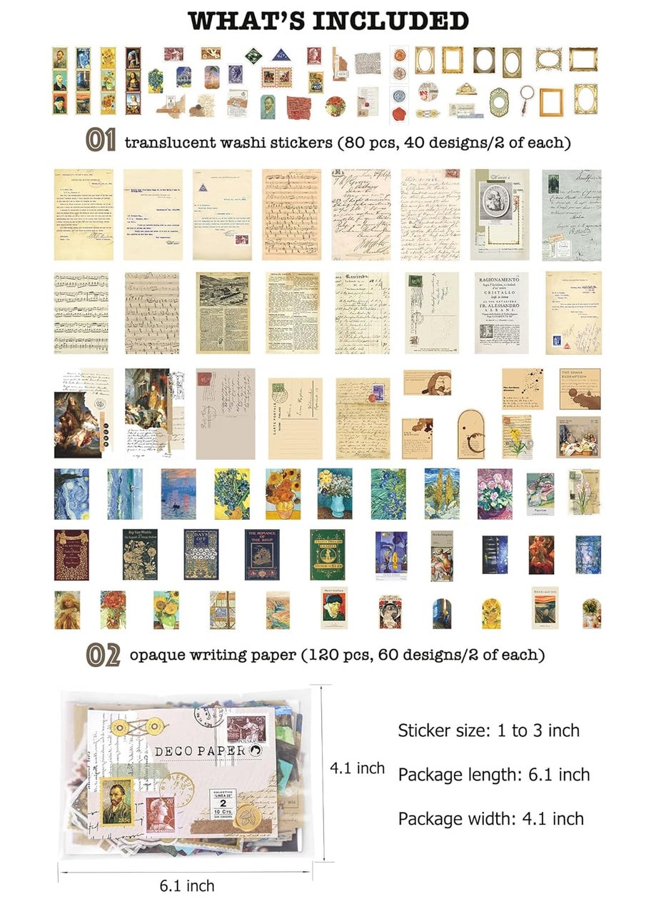 HASTHIP - HASTHIP® 200pcs Vintage Scrapbook Supplies Pack for Art Journaling Bullet Notebook DIY Album Sticker Vintage Journal Stickers Tape, Beige - Image 1