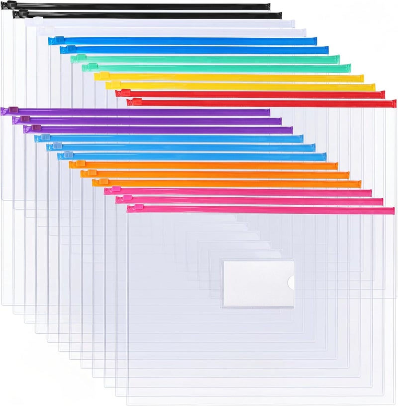 EOOUT 24pcs Plastic Zip Envelopes - A4 & Letter Size, 10 Color Variety for School, Office, and Travel - Image 1