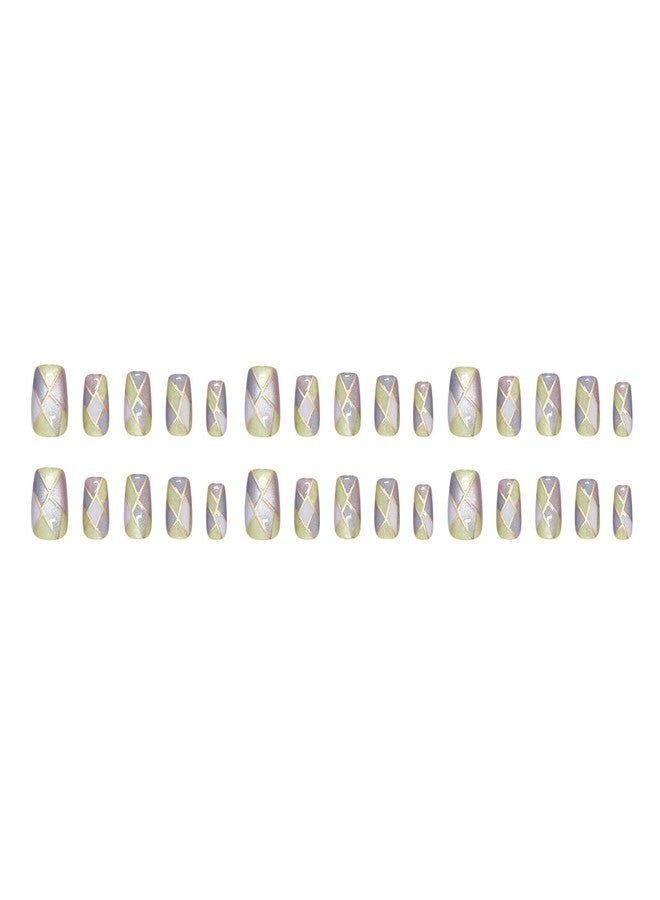 Mkwntg 24Pcs Summer Press on Nails Short Square False Nails Multi Colored Gradient with Gold Line Design Bling Full Cover Glue on Nails Artificial Regular Glitter Stick Acrylic Nail for Women Manicure - Image 5