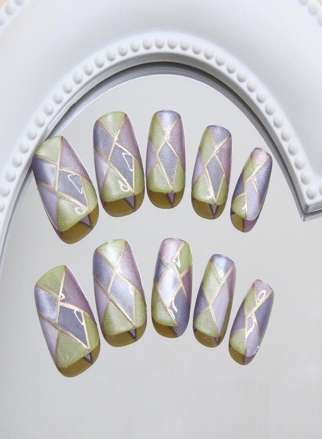 Mkwntg 24Pcs Summer Press on Nails Short Square False Nails Multi Colored Gradient with Gold Line Design Bling Full Cover Glue on Nails Artificial Regular Glitter Stick Acrylic Nail for Women Manicure - Image 4