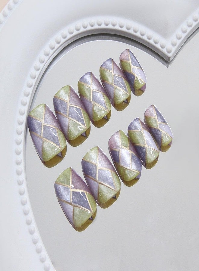 Mkwntg 24Pcs Summer Press on Nails Short Square False Nails Multi Colored Gradient with Gold Line Design Bling Full Cover Glue on Nails Artificial Regular Glitter Stick Acrylic Nail for Women Manicure - Image 3