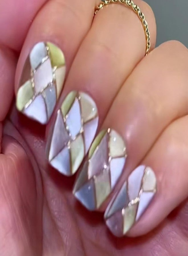 Mkwntg 24Pcs Summer Press on Nails Short Square False Nails Multi Colored Gradient with Gold Line Design Bling Full Cover Glue on Nails Artificial Regular Glitter Stick Acrylic Nail for Women Manicure - Image 1