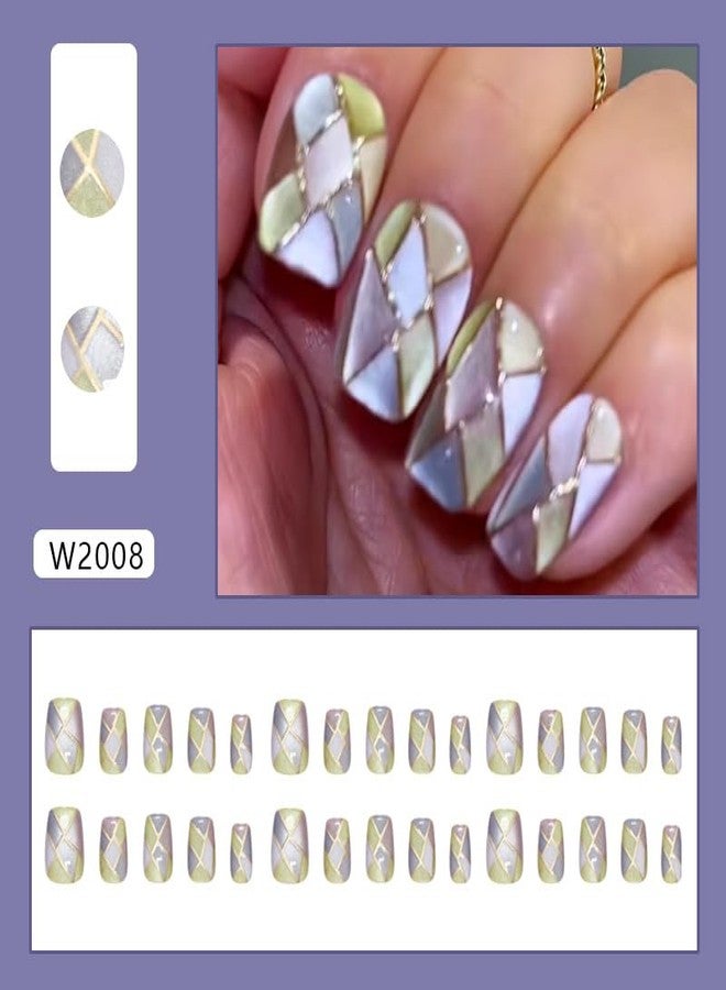 Mkwntg 24Pcs Summer Press on Nails Short Square False Nails Multi Colored Gradient with Gold Line Design Bling Full Cover Glue on Nails Artificial Regular Glitter Stick Acrylic Nail for Women Manicure - Image 2