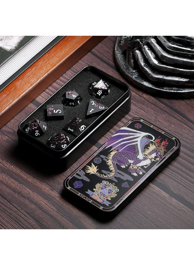 DNDND Er Purple Metal D&D Dice, Dndnd 7 Pcs Flower Metallic Dnd Dice Set With Gorgeous Gift Case For Dungeons And Dragon Tabletop Game (Matte Black With Glitter Purple Flower)  - Image 4