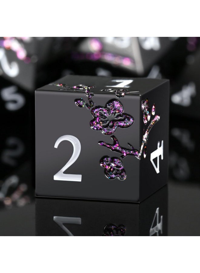 DNDND Er Purple Metal D&D Dice, Dndnd 7 Pcs Flower Metallic Dnd Dice Set With Gorgeous Gift Case For Dungeons And Dragon Tabletop Game (Matte Black With Glitter Purple Flower)  - Image 1