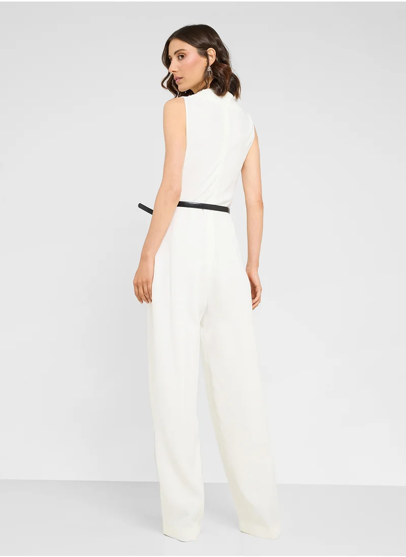 مانجو Long Jumpsuit With Draped Neck And Belt