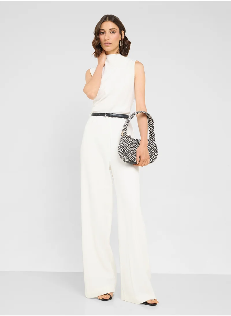 مانجو Long Jumpsuit With Draped Neck And Belt