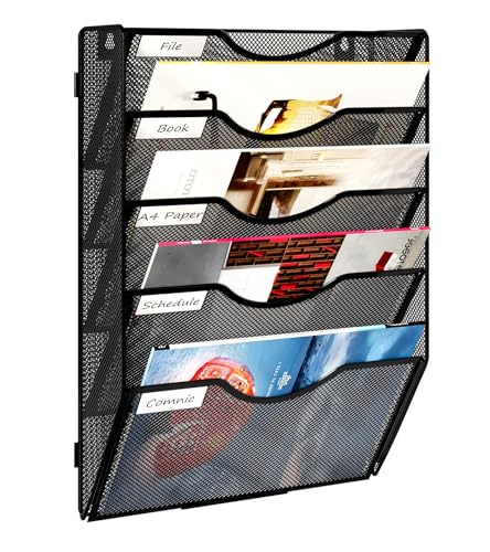Solinxe Wall Hanging File Holder 5 Pocket Wall Mounted Paper Organizer Magazine File Holder Storage RackBlack - Image 1