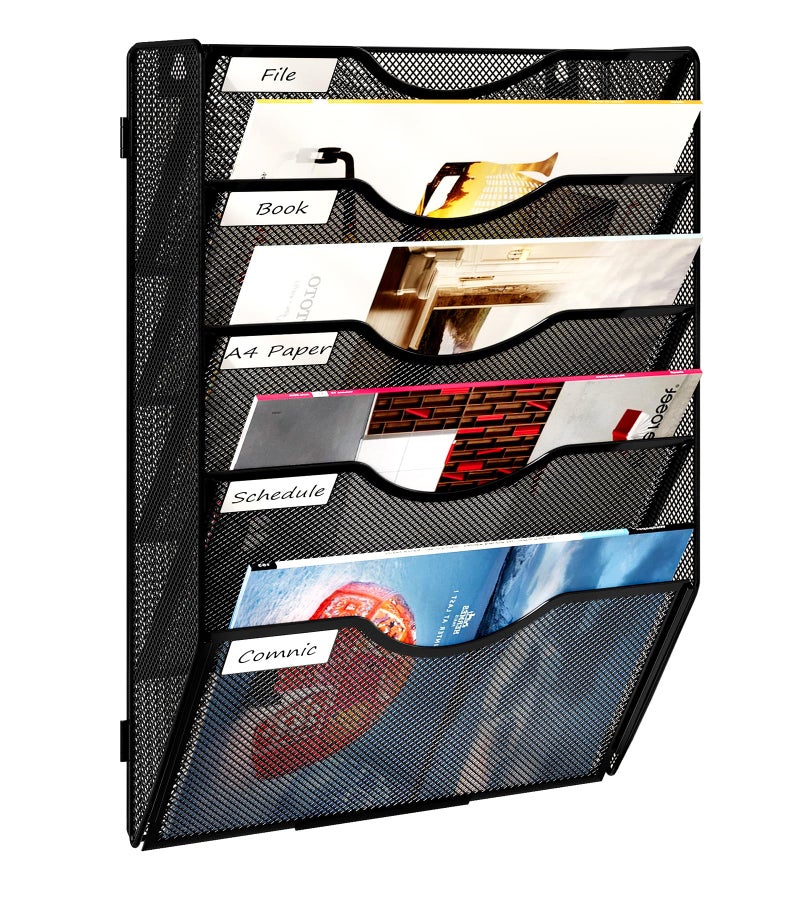 Solinxe Wall Hanging File Holder 5 Pocket Wall Mounted Paper Organizer Magazine File Holder Storage RackBlack - Image 2
