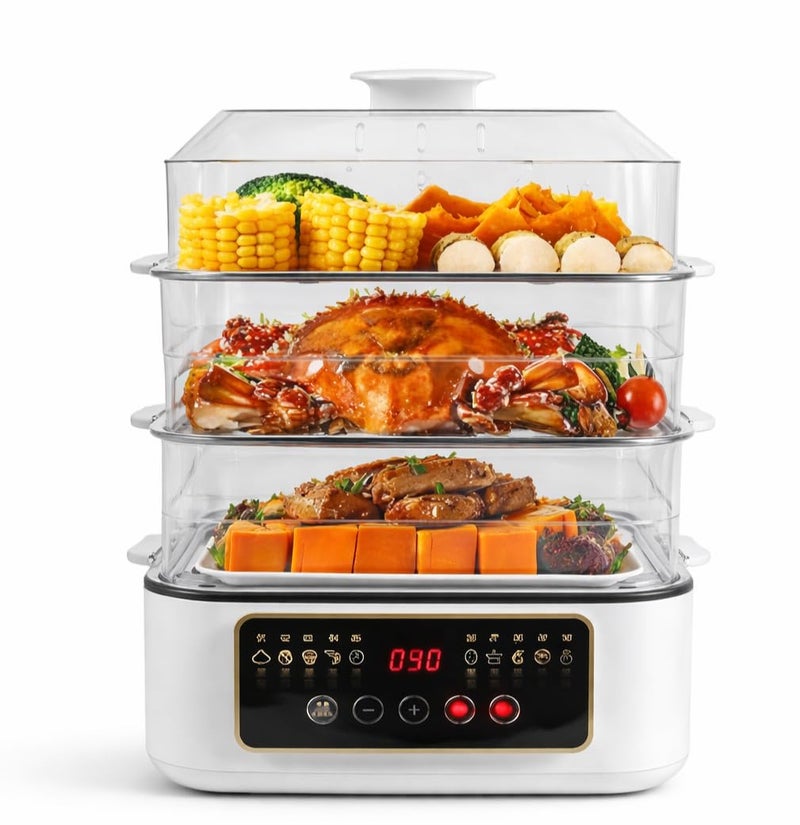 XVersion 32L Electric Food Steamer, 3-Tier Steamer Cooker with Timer & Auto Shut-Off, Removable Base, Vegetable Steamer for Baby Food, Breakfast & Healthy Cooking (White)