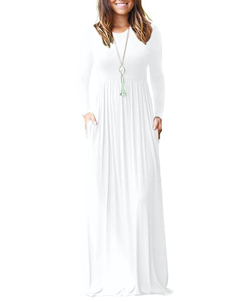 AUSELILY Women's Long Sleeve Dress Loose Plain Long Casual Maxi Dresses with Pockets 2025 New White2 M - Image 1