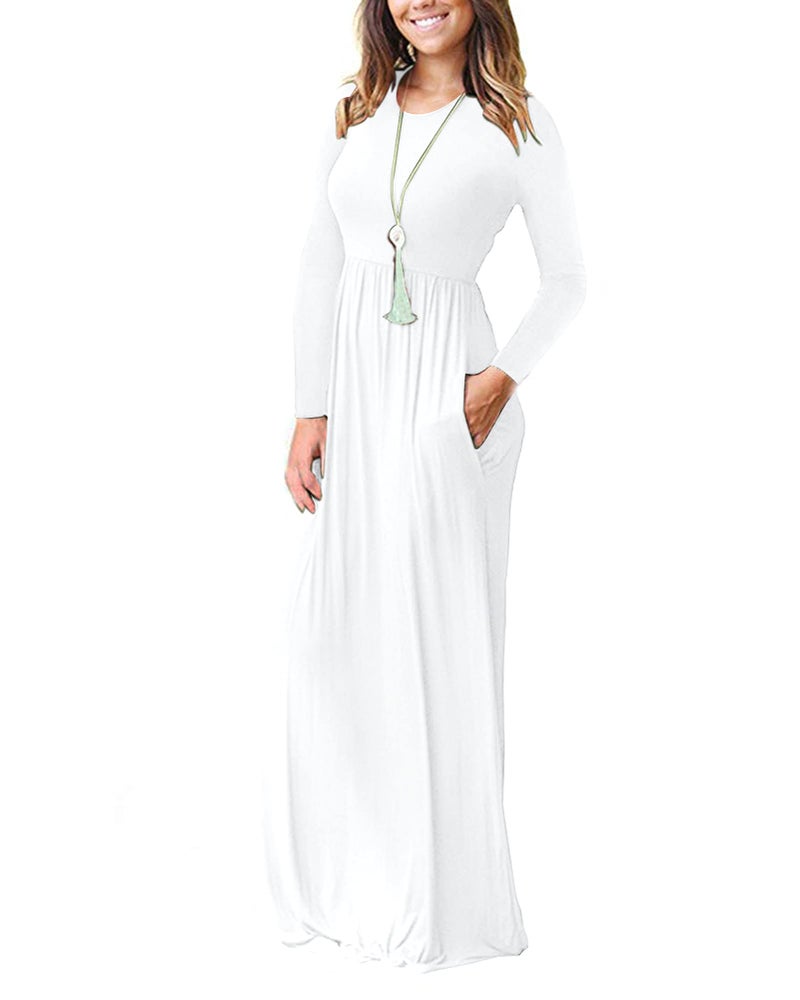 AUSELILY Women's Long Sleeve Dress Loose Plain Long Casual Maxi Dresses with Pockets 2025 New White2 M - Image 2