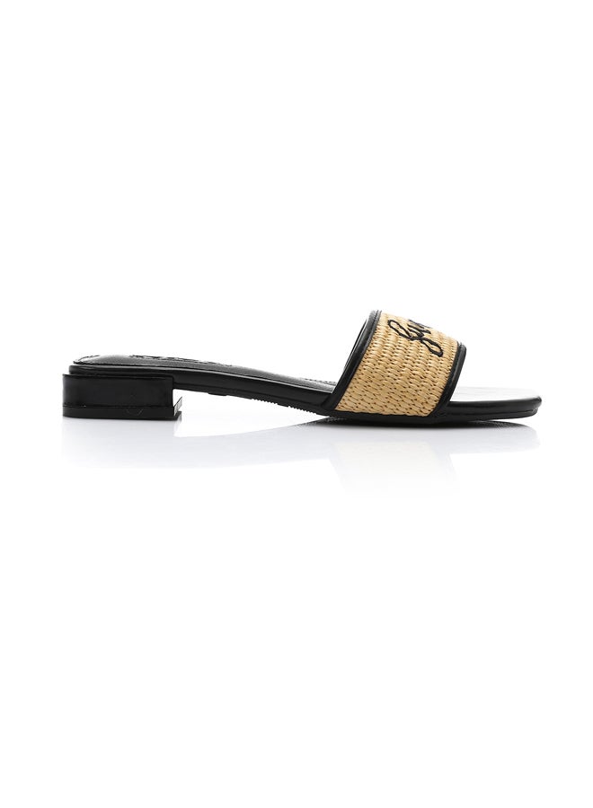 Embroidered Flat Leather Slippers - Black & Beige
