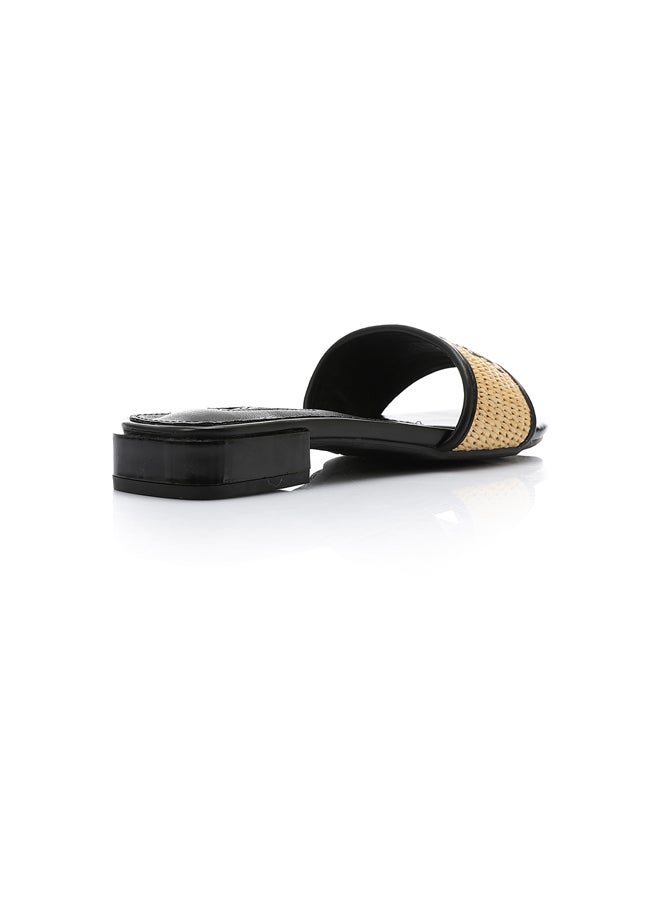 DejaVu Embroidered Flat Leather Slippers - Black & Beige - Image 2