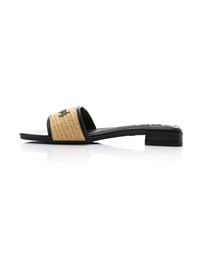 DejaVu Embroidered Flat Leather Slippers - Black & Beige - Image 3