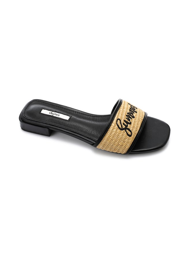 DejaVu Embroidered Flat Leather Slippers - Black & Beige - Image 5