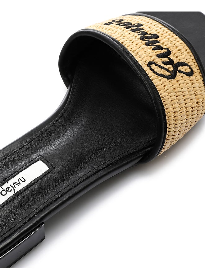DejaVu Embroidered Flat Leather Slippers - Black & Beige - Image 4
