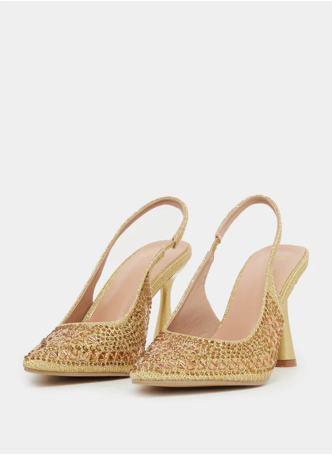 Styli Embellished Pointed Toe Stiletto Heel Slingback Shoes