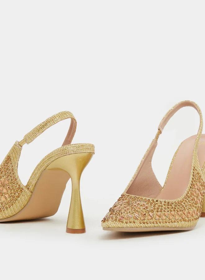 Styli Embellished Pointed Toe Stiletto Heel Slingback Shoes