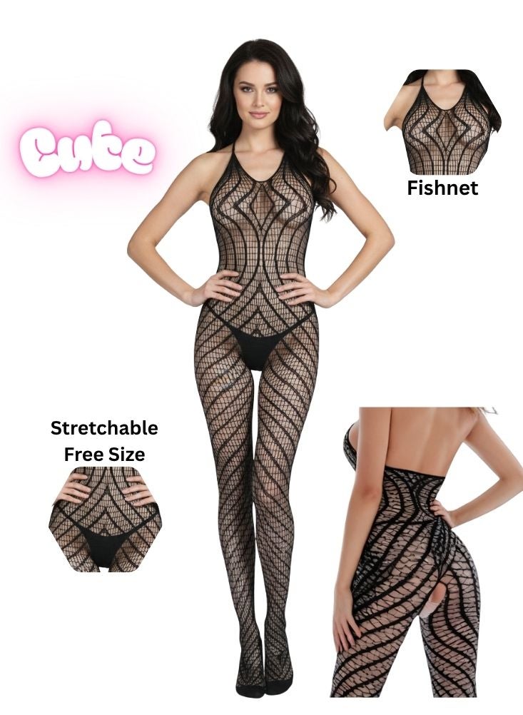 Cute Geometric Fishnet Bodystocking – Stretchable Free Size Black Lingerie Outfit - Image 1