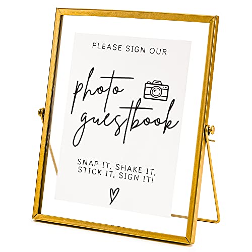 Calculs Gold Floating Picture Frame Wedding Signs - Please Sign Our Guest Book - 10”x8” Place Card/Menu Holder - Image 1