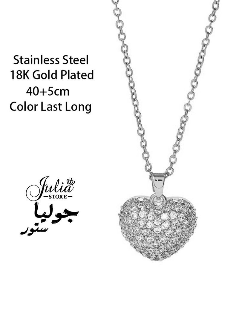 Julia Store 18K White Gold Plated Stainless Steel Full Heart Pendant Lucky Charm Friendship Gift Eternal Love Heart Necklace - Cubic Zirconia Pendant Jewelry Gift for Women - Image 1