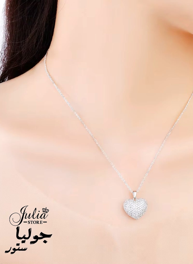 Julia Store 18K White Gold Plated Stainless Steel Full Heart Pendant Lucky Charm Friendship Gift Eternal Love Heart Necklace - Cubic Zirconia Pendant Jewelry Gift for Women - Image 2