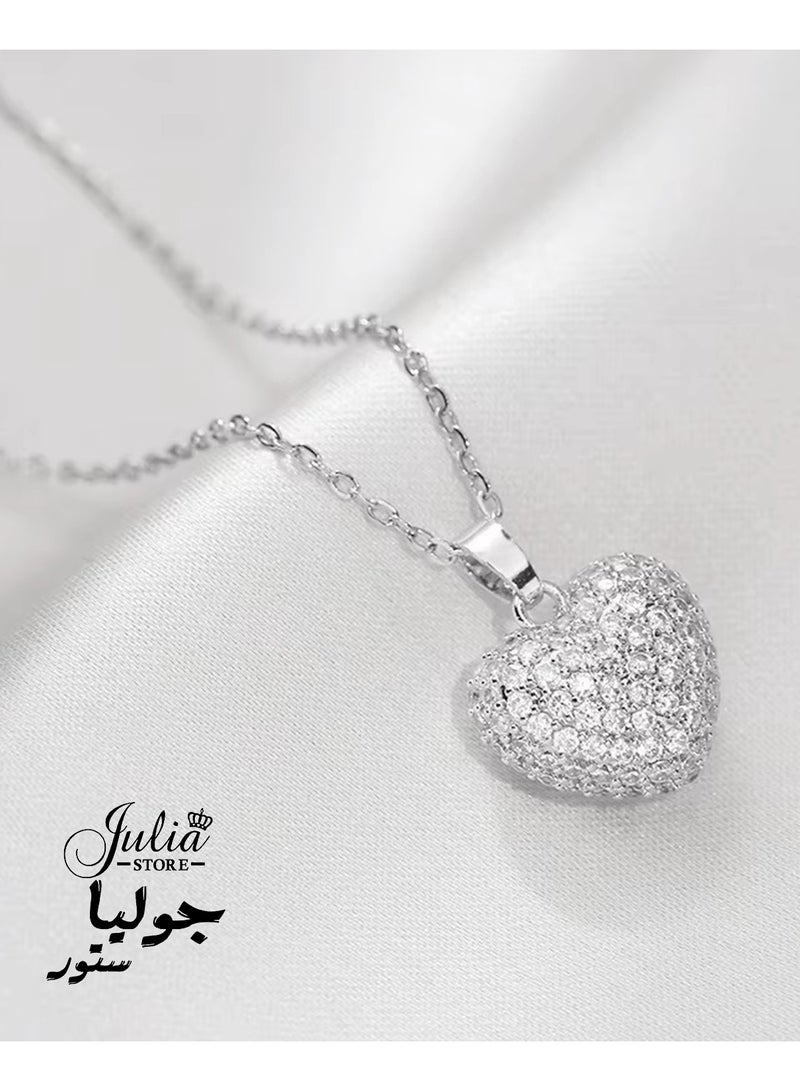 Julia Store 18K White Gold Plated Stainless Steel Full Heart Pendant Lucky Charm Friendship Gift Eternal Love Heart Necklace - Cubic Zirconia Pendant Jewelry Gift for Women - Image 3