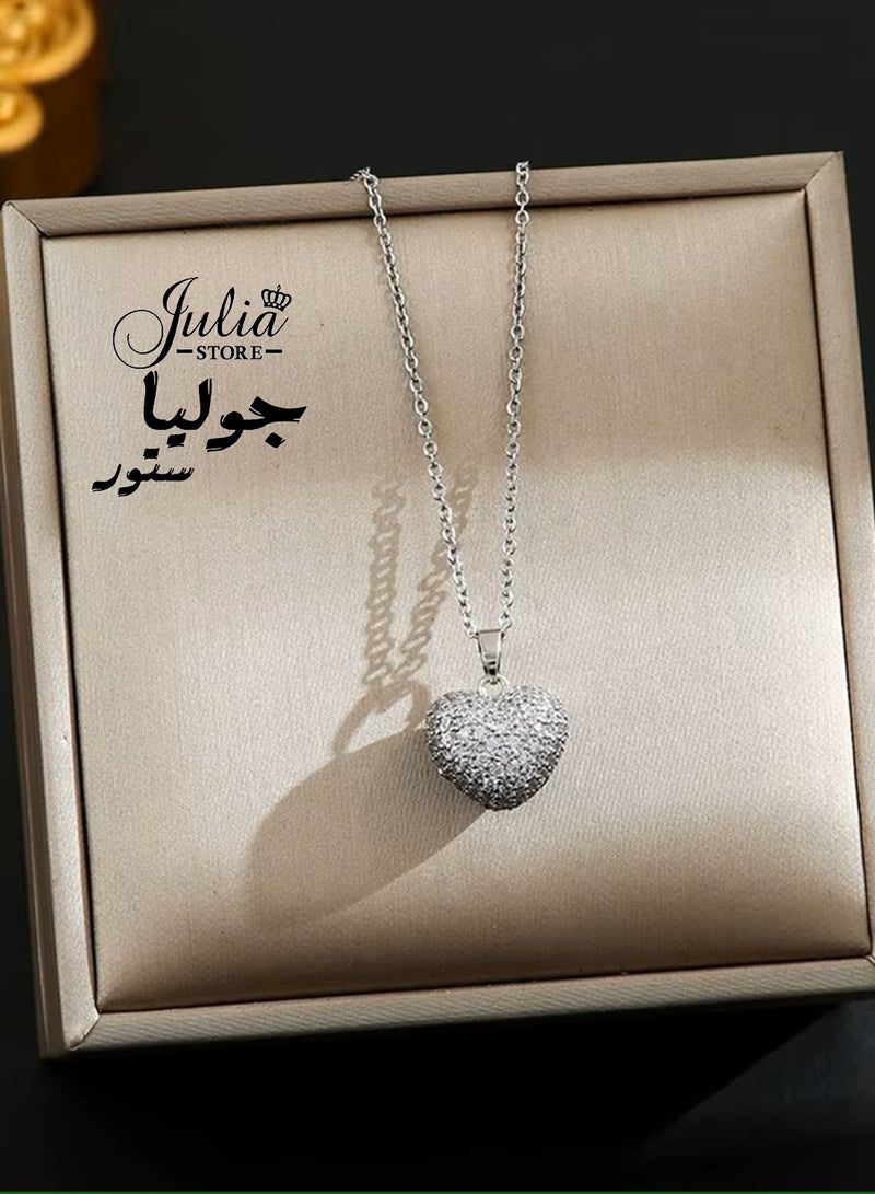 Julia Store 18K White Gold Plated Stainless Steel Full Heart Pendant Lucky Charm Friendship Gift Eternal Love Heart Necklace - Cubic Zirconia Pendant Jewelry Gift for Women - Image 4