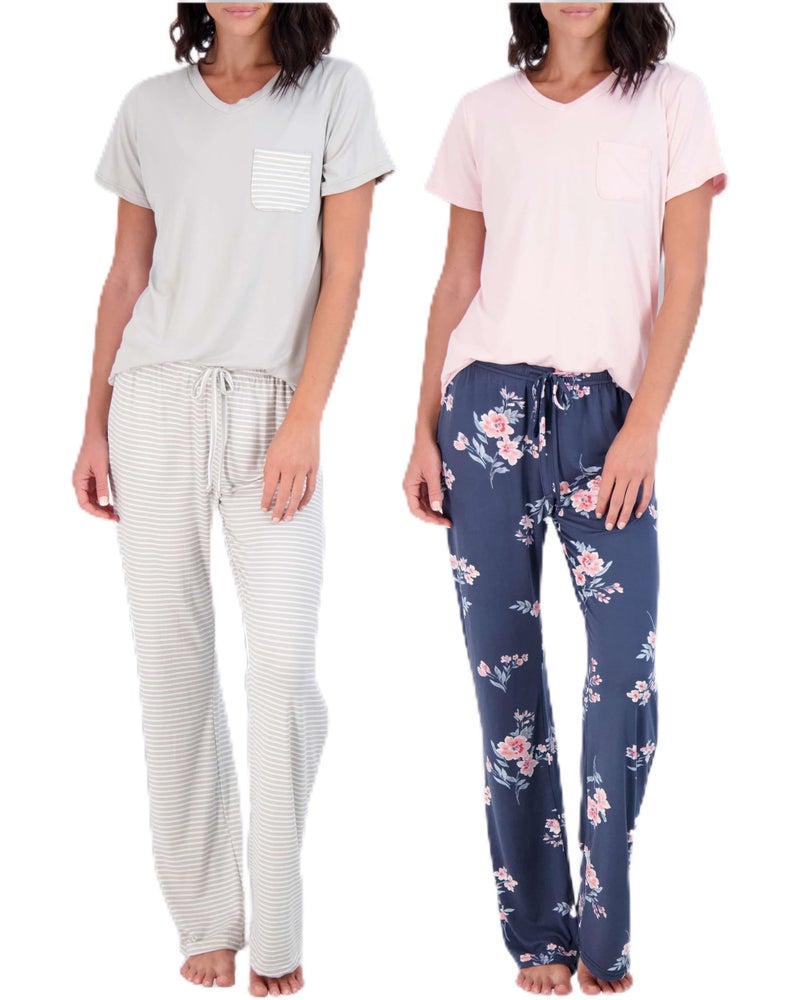 Real Essentials 2 Pack Womens Pajama Set Choose from Short Sleeve with Pocket or Long Sleeve without Pocket