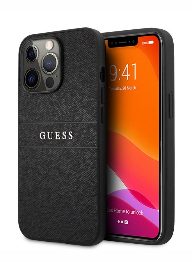 GUESS PU Leather Case Saffiano with Metal Logo Hot Stamp Stripes Compatible for iPhone 13 Pro (6.1") Anti-Scratch, Easy Access to All Ports-Black - Image 1