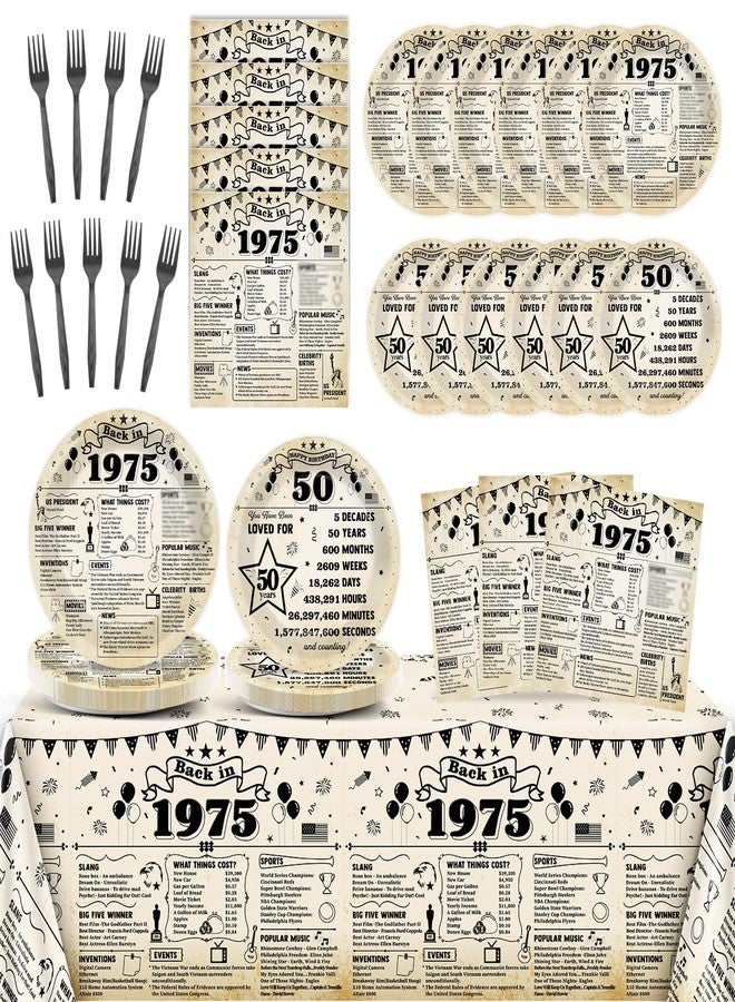Oitnlaughter 50th Birthday Tableware Set for Back in 1975 Birthday Party Supplies Vintage 50 Year Old Themed Paper Dessert Plates Napkins Tablecloths Serves 24 Guests 1975 Retro 50th Parties Decorations Favors - Image 1