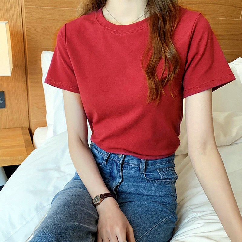 2023 spring cross-border western style bottoming shirt fashionable Korean chic retro round neck basic short sleeve t-shirt for women solid wine red 