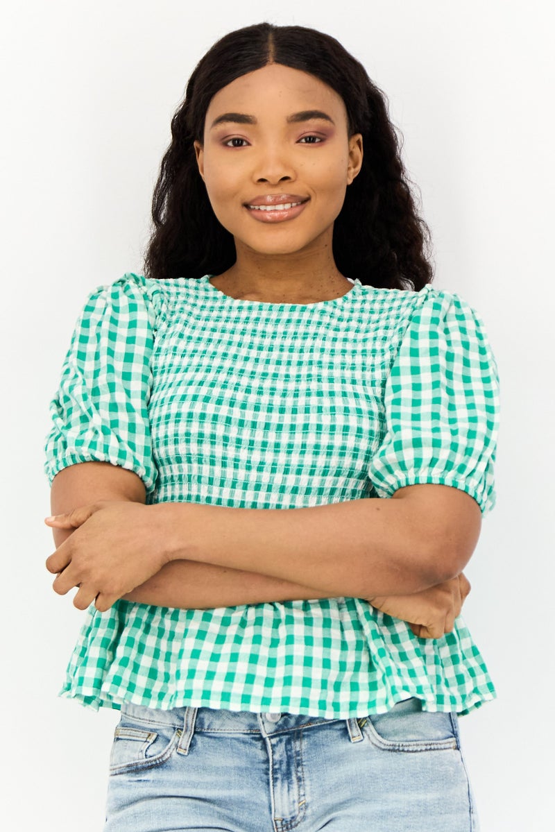 ONLY Women Crew Neck Short Sleeves Micro Checkered Blouse, Multicolor  - Image 1