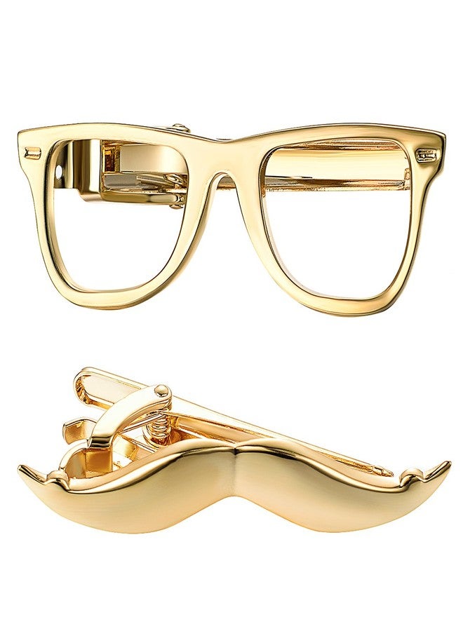 Yoursfs Glasses Tie Clip Set For Men Gold Color Moutache Tie Bar Clips for Men Personaized Slim Tie Pins - Image 1