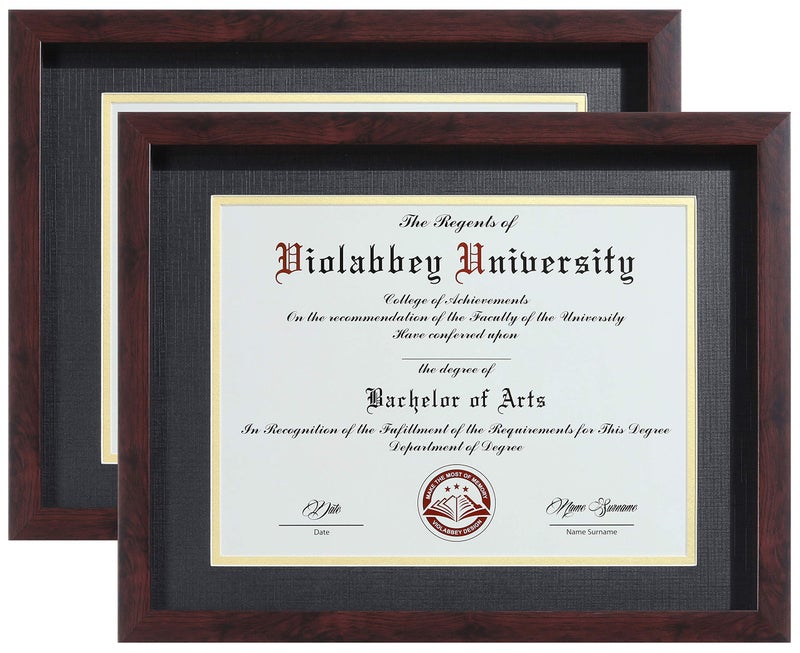 VIOLABBEY 85 x 11 Diploma Frame Brown 2 pack with HD Real Glass Fits 85x11 Inch Degree Document with Black Gold Double Mat or 11x14 without Mat Certificate Frame for Wall or Tabletop Display
