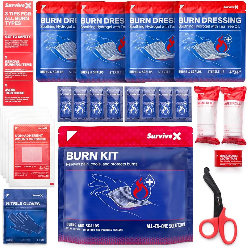 SurviveX Burn Dressing Kit with Tea Tree Oil  Hydrogel Burn Pads Cooling Gels NonAdhesive Dressings  Gauze  Complete First Aid for Instant Cooling Soothing  Relief - Image 1