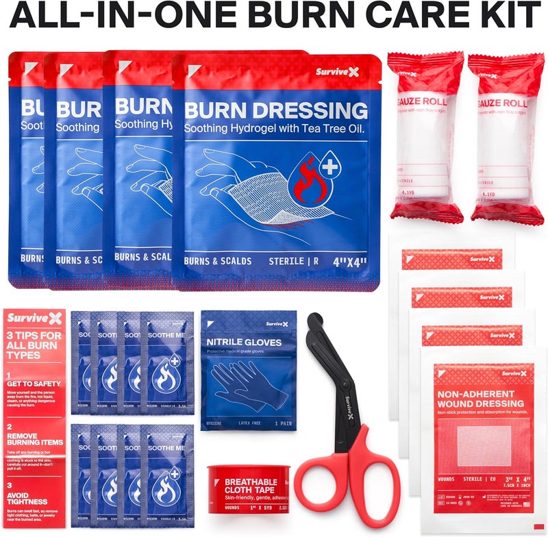 SurviveX Burn Dressing Kit with Tea Tree Oil  Hydrogel Burn Pads Cooling Gels NonAdhesive Dressings  Gauze  Complete First Aid for Instant Cooling Soothing  Relief - Image 2