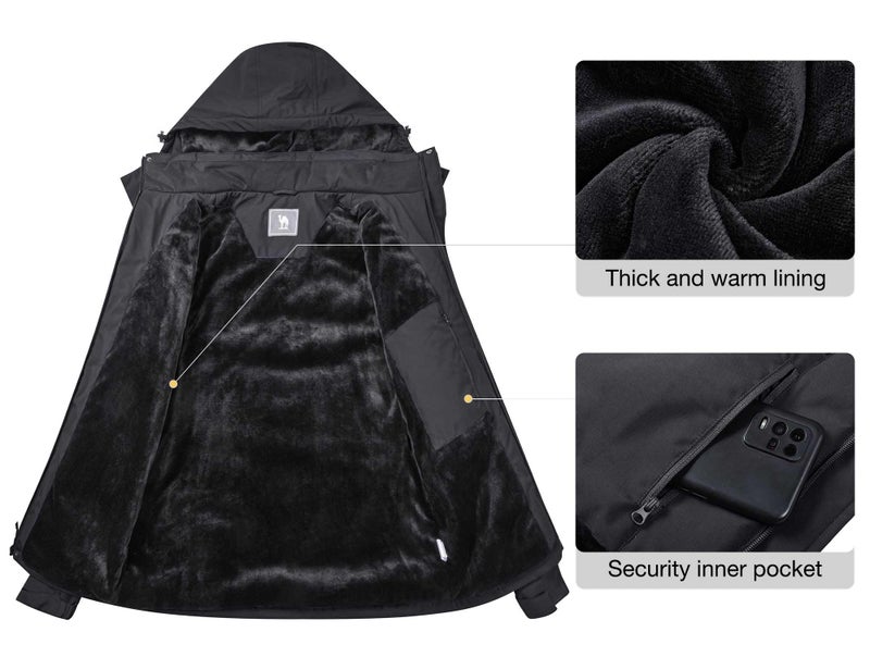 CAMEL CROWN Men's Waterproof Ski Jackets Winter Coats Snow Jacket Adjustable Fleece Windbreaker Windproof Outdoor Hiking Rain Jackets with Hooded Black S - Image 5