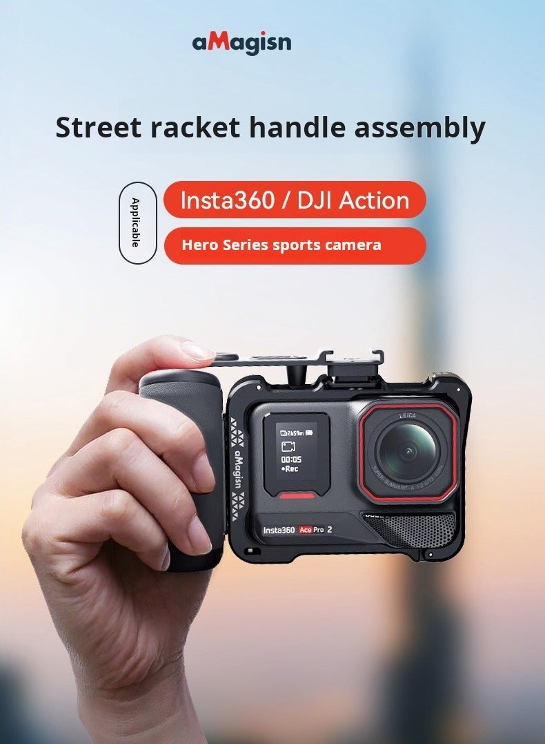 aMagisn مقبض تصوير الشارع المريح لـ Insta360 / DJI Action / GoPro Hero – مقبض يد من PA+ABS بمقبض مطاطي، زر غالق قابل للتعديل، فتحتا حذاء بارد، فتحة برغي 1/4″  - Image 2