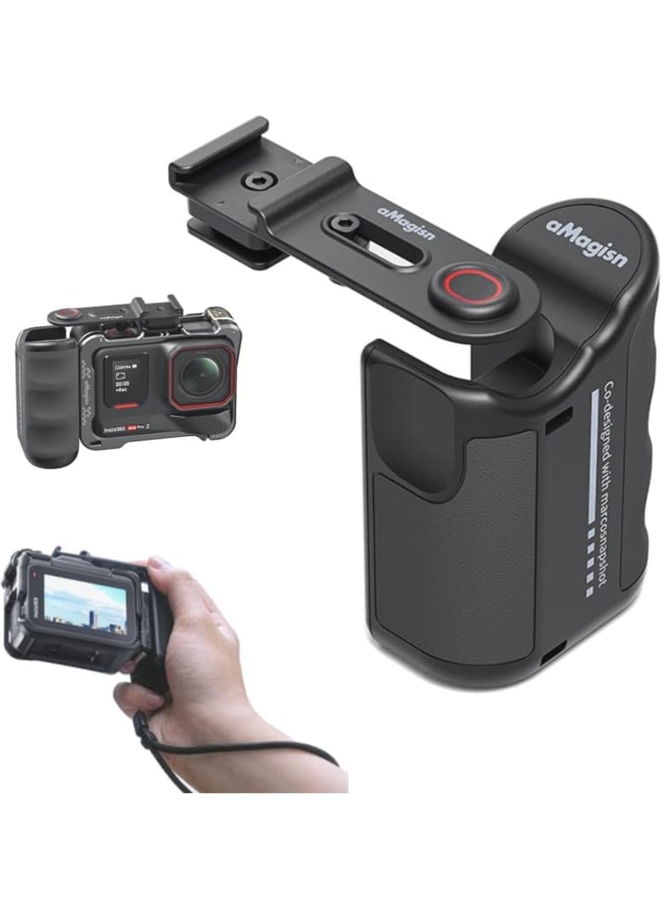 aMagisn Ergonomic Street‑Shooting Handle for Insta360 / DJI Action / GoPro Hero Series – Soft‑Grip PA+ABS Camera Hand Grip with Adjustable Shutter, Dual Cold‑Shoe Expansion & 1/4″ Thread