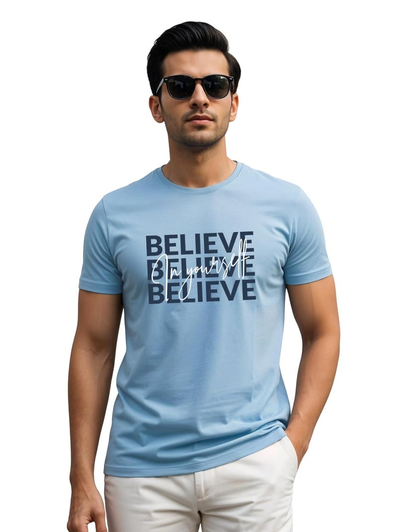ADRO Men's Sky Blue Motivational Printed T-Shirt - Believe in Yourself Graphic, Regular Fit, Cotton Lycra Stretch Fabric - Image 1