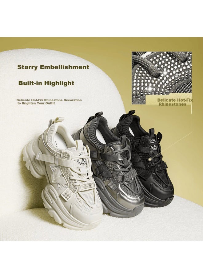 Tata Starry Women’s Thick-soled Dad Sneakers Height-increasing Sports Shoes Lightweight Casual Shoes Cy201am5 Black Size 39 - Image 1