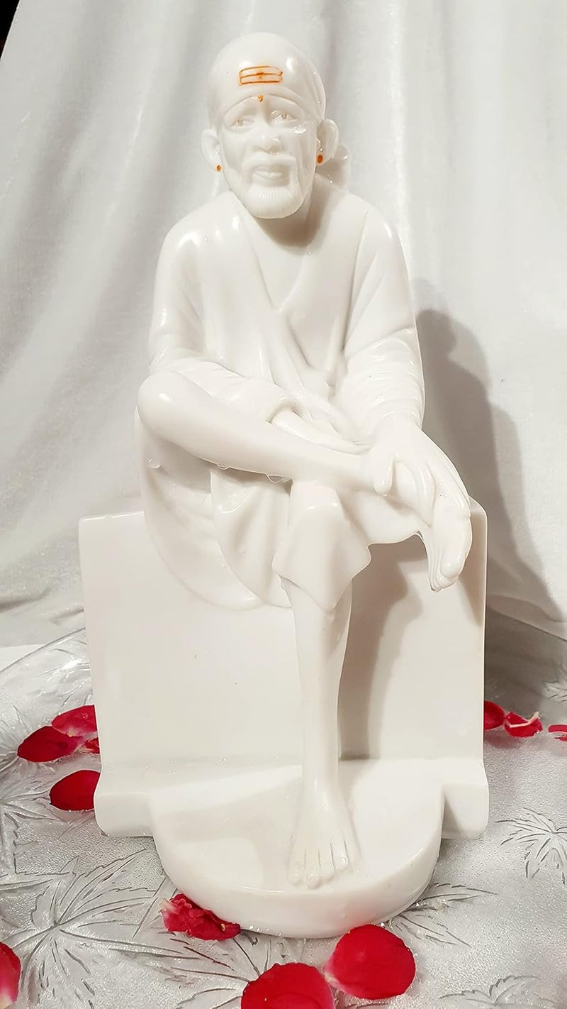 Hemant art Sai Baba Marble StatueIdolMurtiSai Baba Vastra Poshak Dress with Pagadi12 Inch White Marble - Image 1